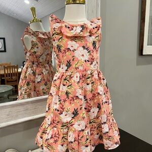 Little Lass Coral Floral Ruffle-Trim Dress